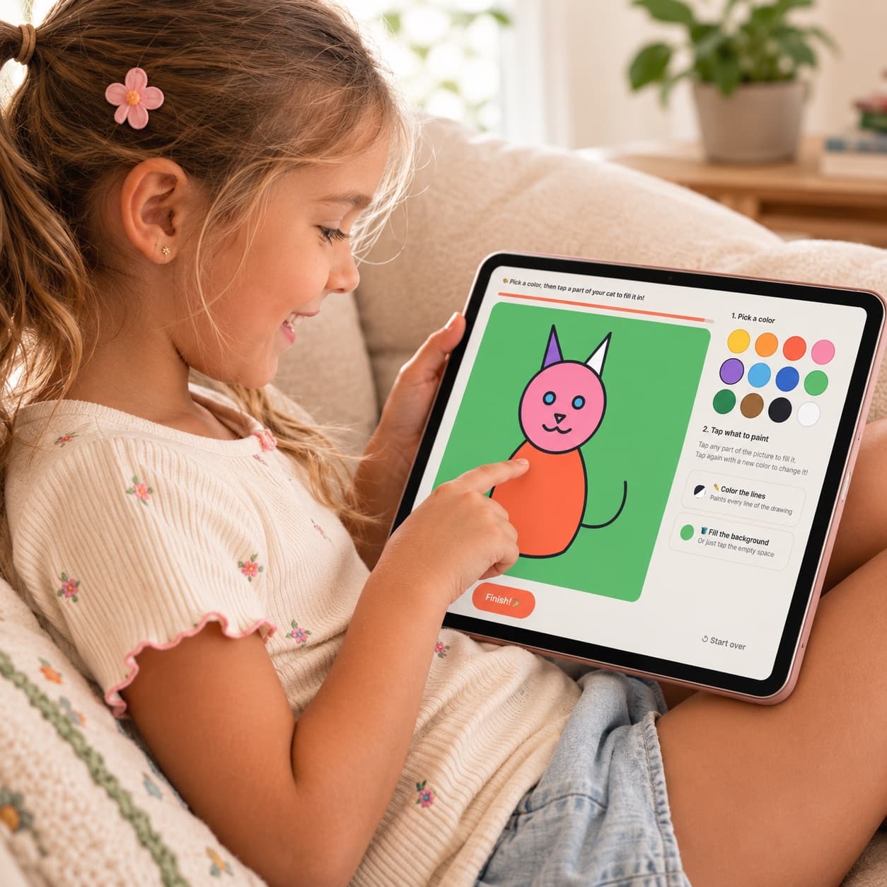 A smiling girl coloring in her cat drawing in DrawAlong on a tablet
